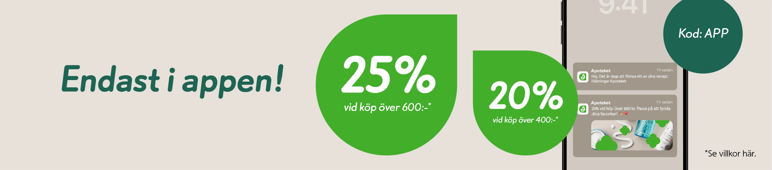 Appkampanj 20% över 400kr och 25% över 600kr