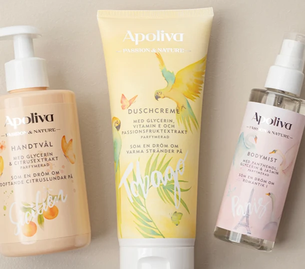 Apoliva Passion & Nature: handtvål, duschkräm och body mist.