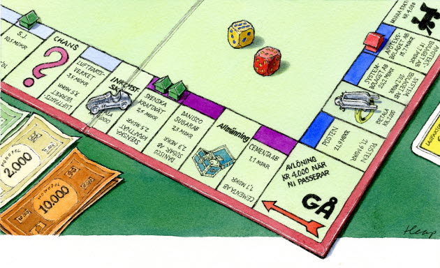 Tecknad bild i original som föreställer allegori över statliga monopolet - med bland annat Posten, Systembolaget och Apoteket. Troligen publicerat någon gång på 1980-1990-talet i Apostrofen. Konstnär Martin Heap.