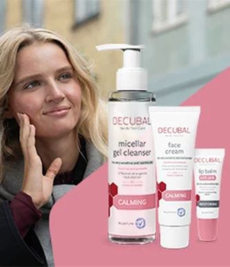 Produkter från en ny serie produkter från Decubal till höger i bild och en kvinna till vänster i bilden tillsammans med Decubals logotyp.