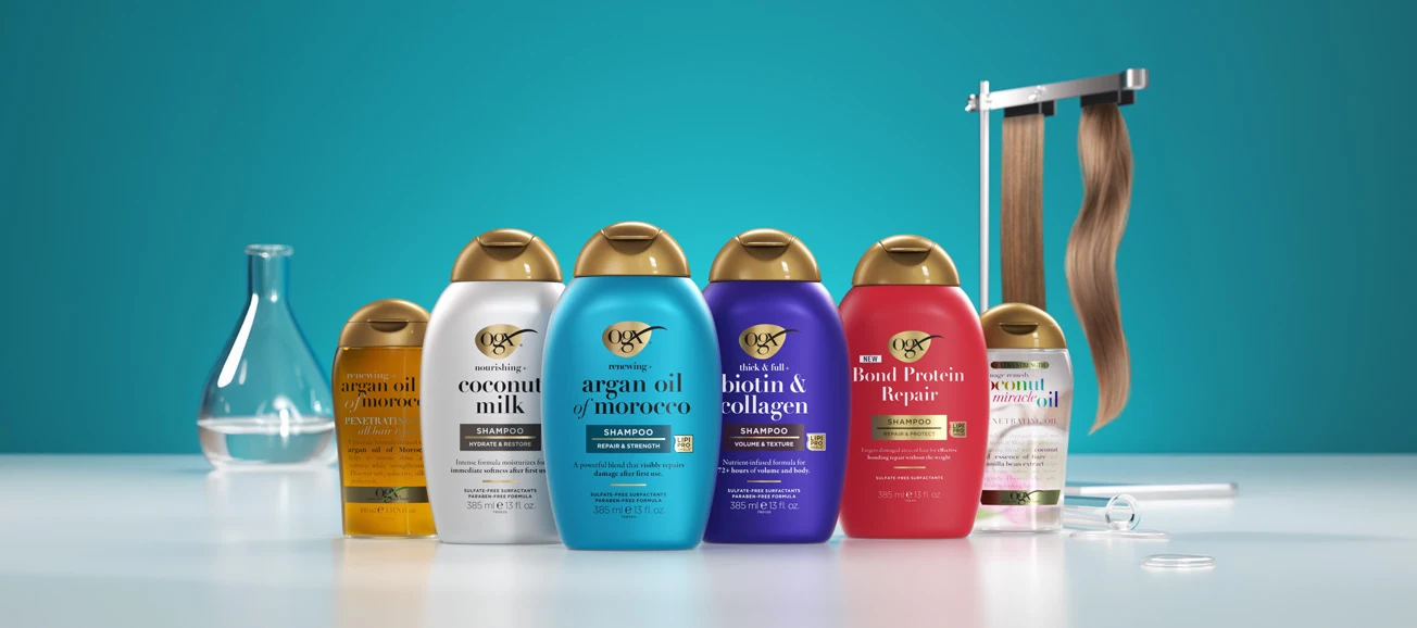 Produkter i rad från varumärket OGX.