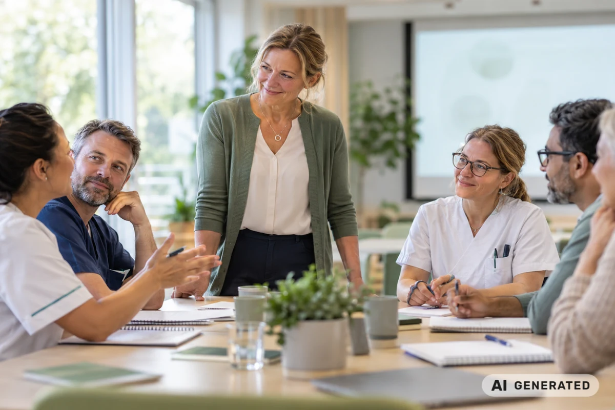 Bilden föreställer en utbildningssituation med en lärare och fem deltagare. Bilden är AI-genererad.