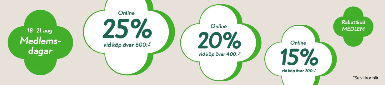 Medlemsdagar: Handla för 200 kronor få 15% rabatt, handla för 400 kronor få 20% rabatt, handla för 600 kronor få 25% rabatt.