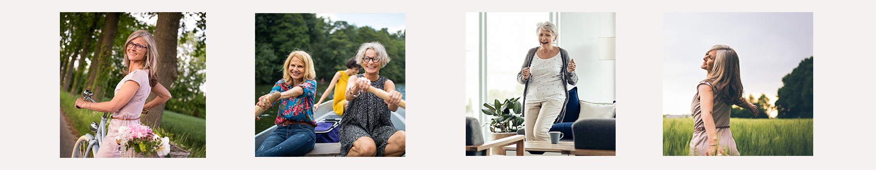 Bildserie av äldre kvinnor som utför olika aktiviteter.