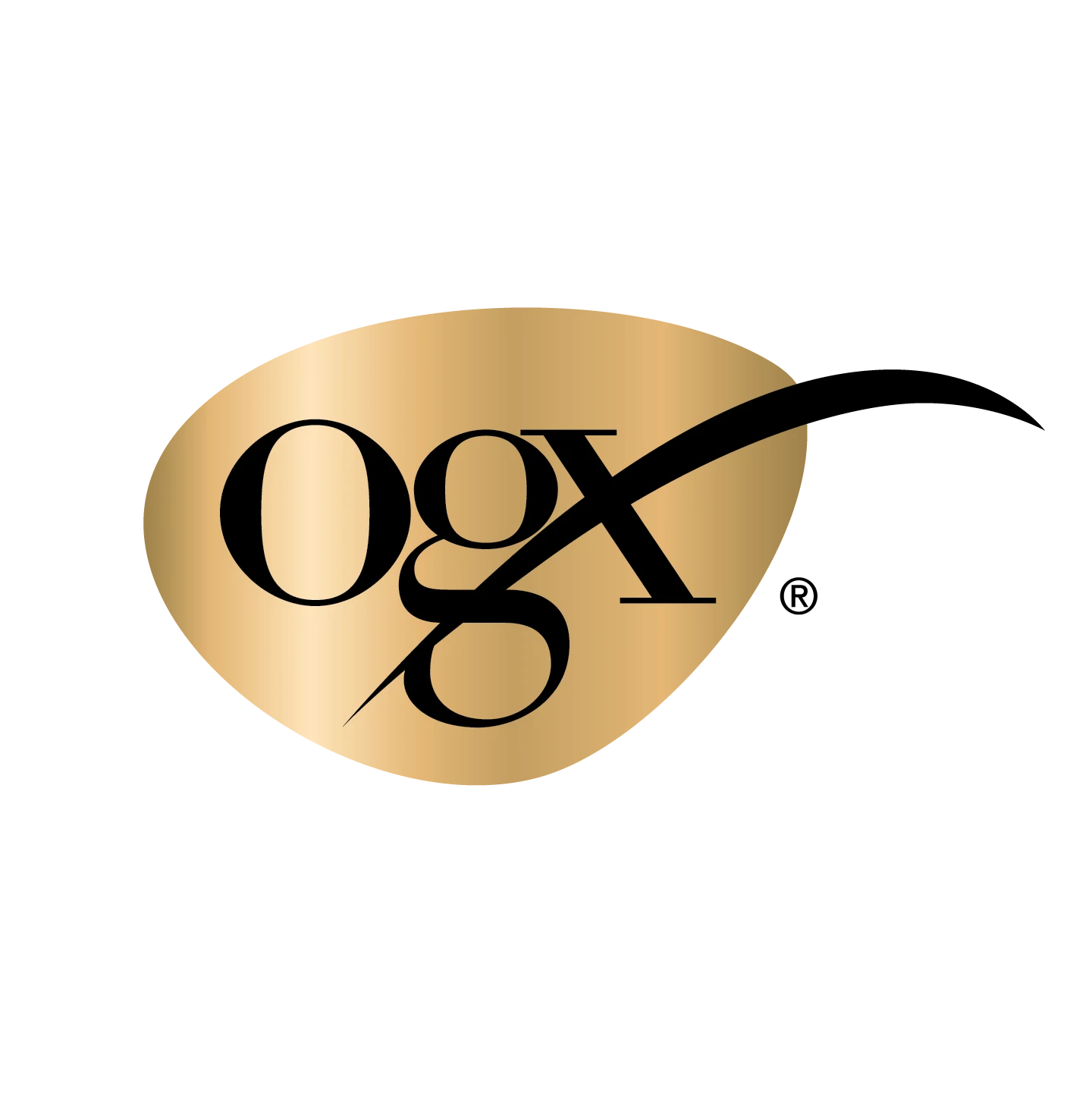 Logotyp för varumärket OGX. Svart text på guldbakgrund.