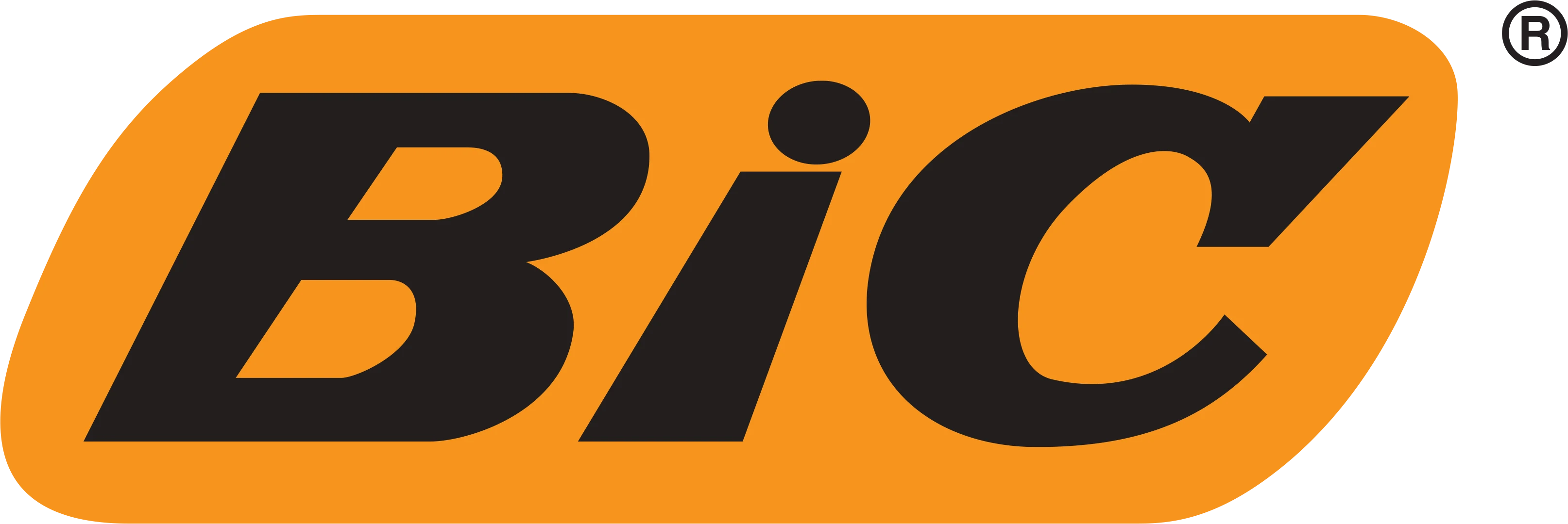 BIC-logotyp i svart på orange bakgrund.