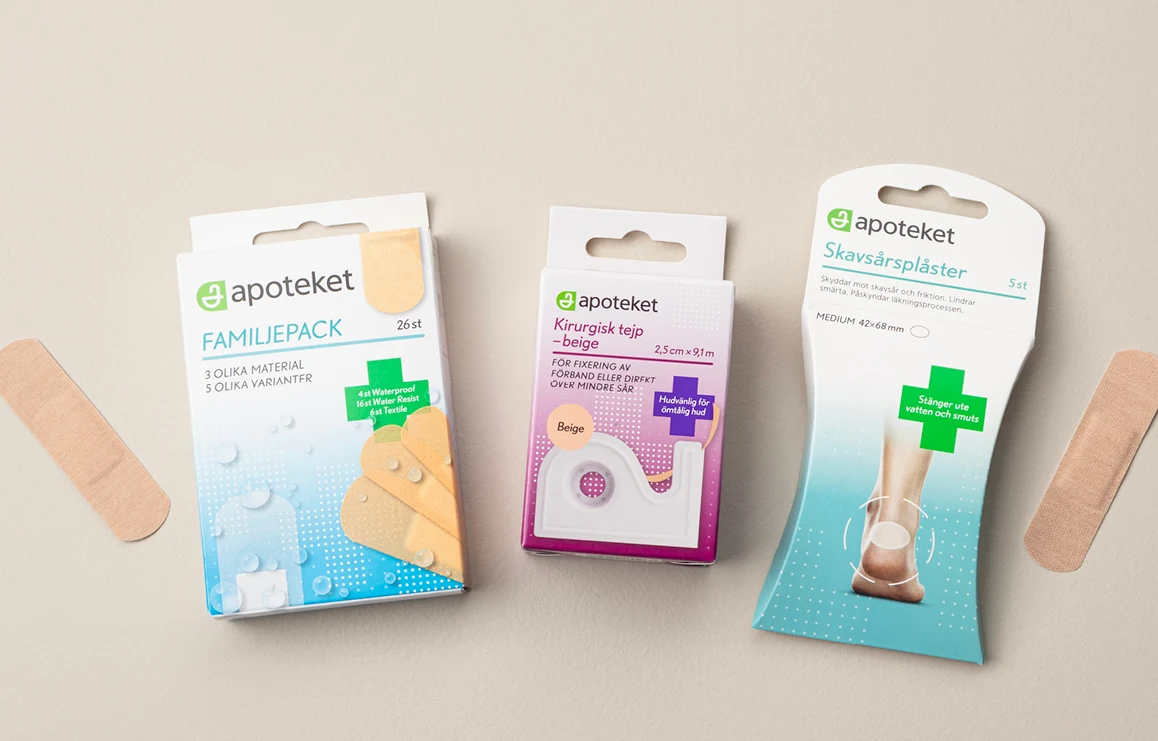 Plåster familjepack, kirurgtejp och skavsårsplåster uppställda.