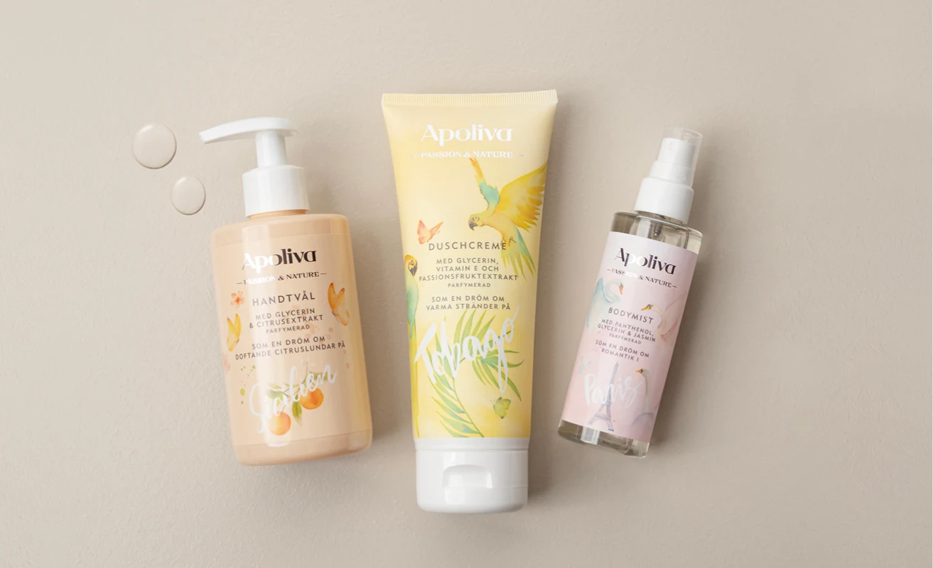 Apoliva Passion & Nature: handtvål, duschkräm och body mist.