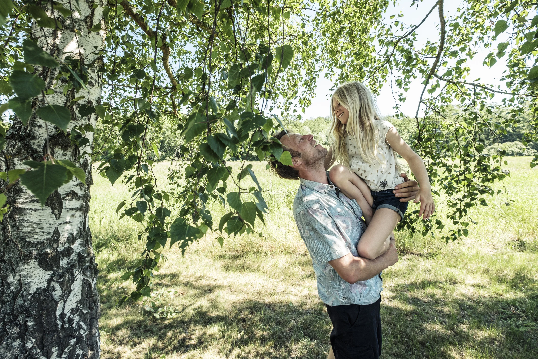 Pappa som bär sin dotter i famnen vid en björk under pollensäsongen.