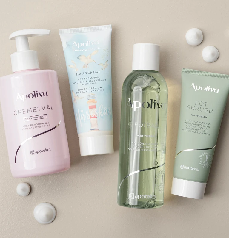 Apoliva hand- och fotvård: cremetvål, handkräm, fotbad och fotskrubb.