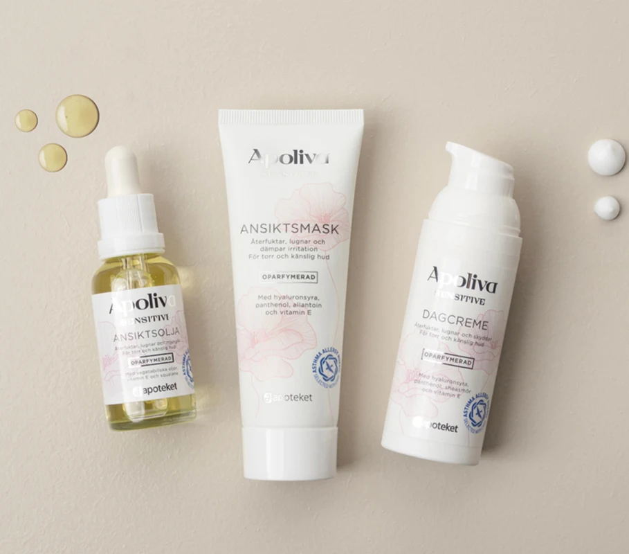 Apoliva Sensitive: ansiktsolja, ansiktsmask och dagkräm på beige bakgrund.