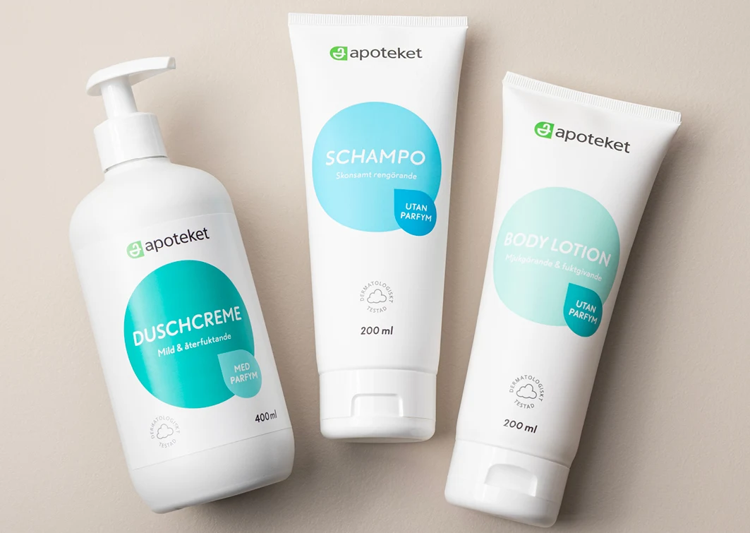 Apoteket duschcreme, schampo och body lotion.