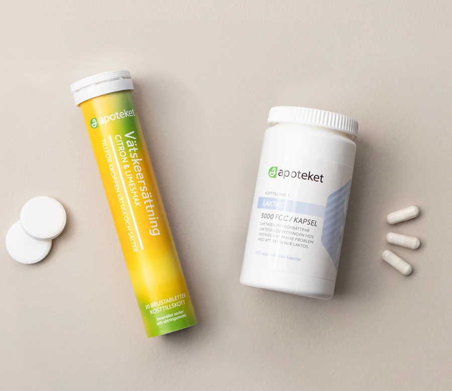 Vätskeersättning och laktas-kapslar.