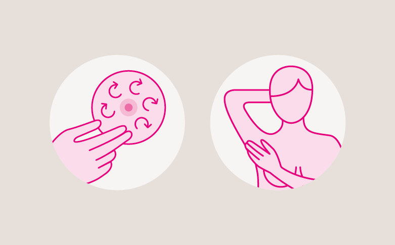Illustration av en person som känner igenom sina bröst för att upptäcka knölar eller förhårdnader.