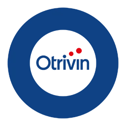 Logotyp för Otrivin i mörkblå färg med en mörkblå cirkel runt om. Ovanför i syns två röda prickar.