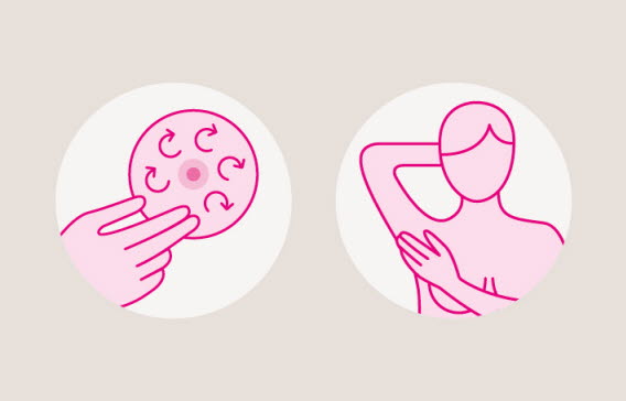 Illustration av en person som känner igenom sina bröst för att upptäcka knölar eller förhårdnader.