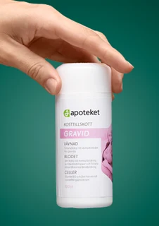 En hand visar upp kosttillskottet "GRAVID" från apoteket.