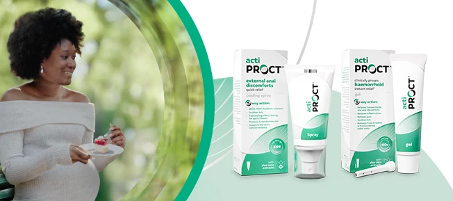 En gravid kvinna håller en tallrik med mat bredvid en uppsättning av ActiProct-produkter.