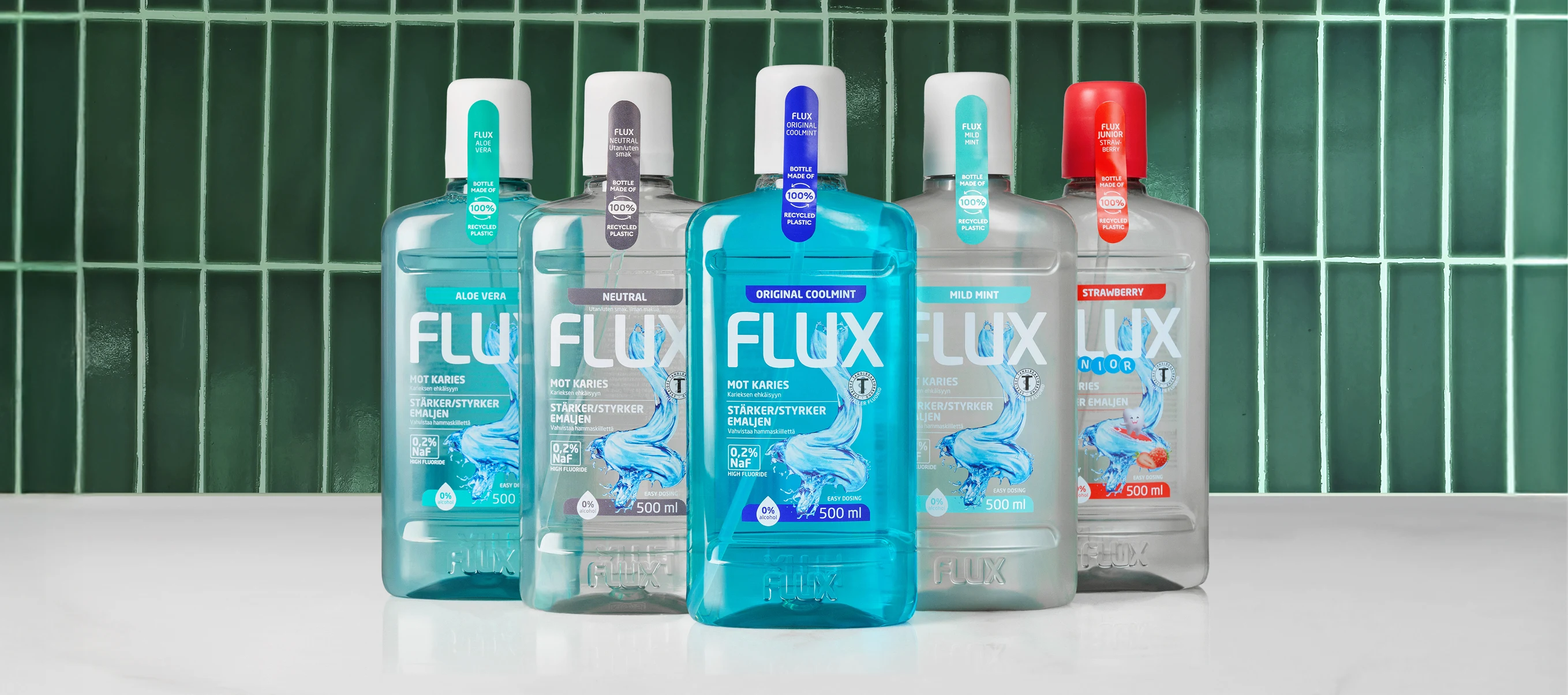 En grupp av Flux munsköljprodukter med olika smaker (Aloe Vera, Neutral, Original Coolmint, Mild Mint, Strawberry och Flux Junior) på en vit yta, med en grön kakelvägg i bakgrunden.