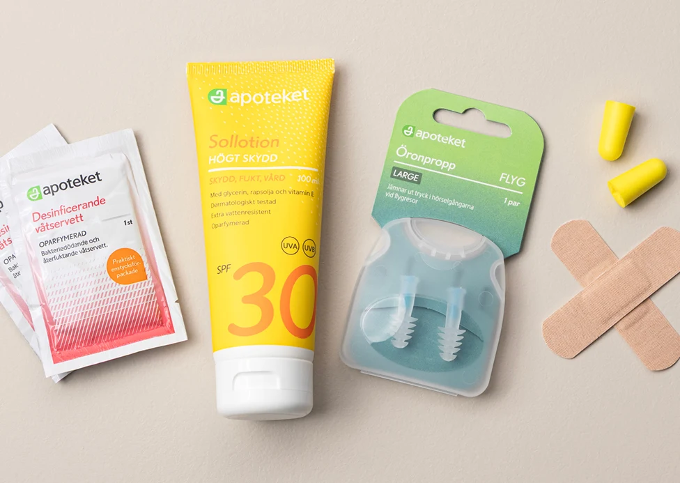 Rese-kit: våtservetter, sollotion, öronproppar, plåster
