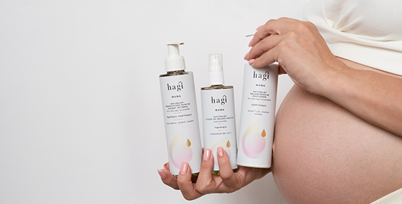 Hagi har krämer framtagna för att minska bristningar under graviditet samt massageolja som vårdar huden inför vaginal förlossning.