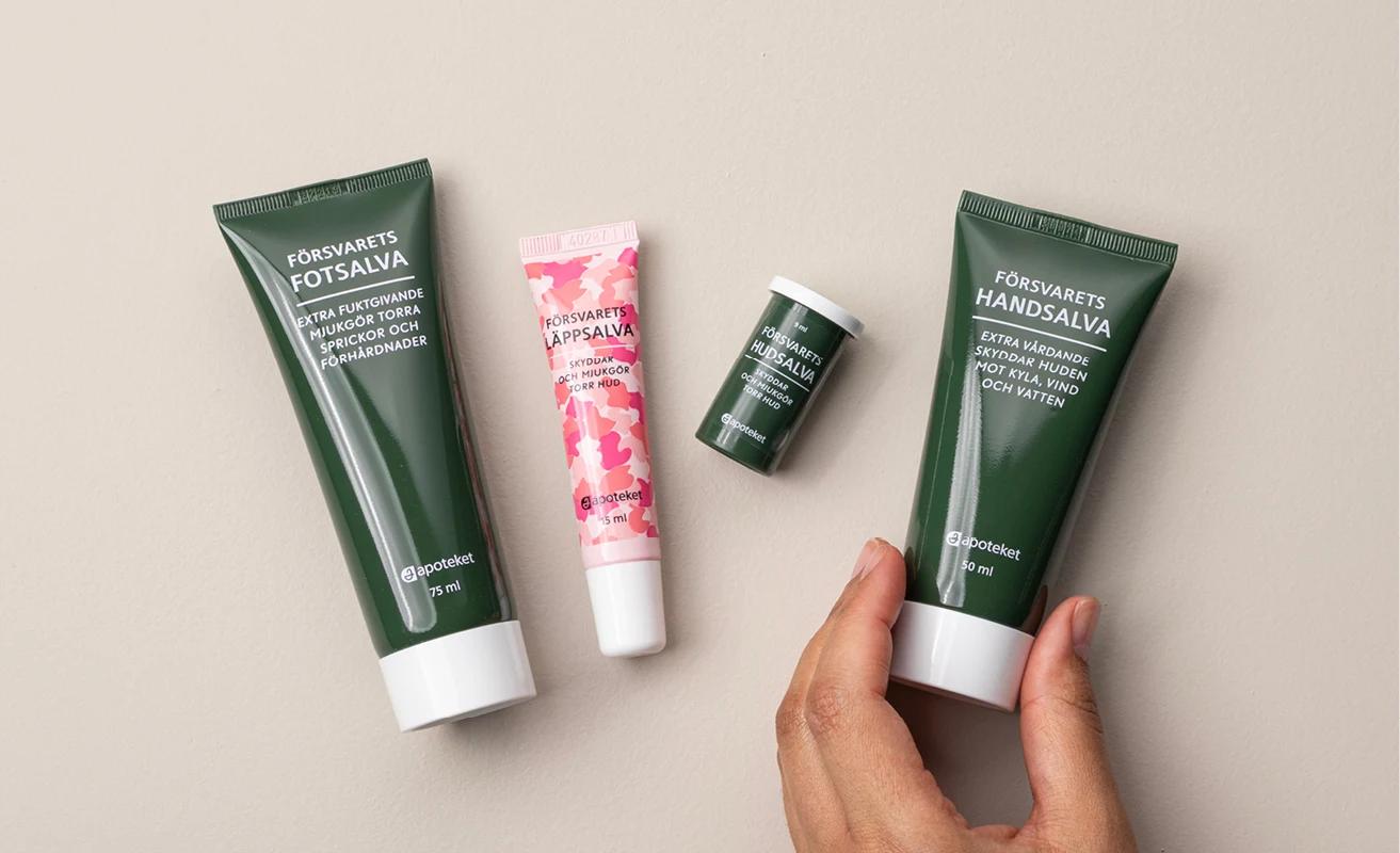 Försvarets salva-serie – fot, läpp, hud, hand.