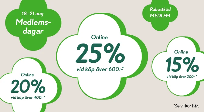 Medlemsdagar: Handla för 200 kronor få 15% rabatt, handla för 400 kronor få 20% rabatt, handla för 600 kronor få 25% rabatt.