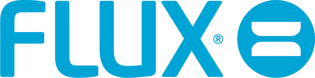 Flux logotyp i blått med företagsnamnet "FLUX" i modern typografi och en cirkel med ett registrerat varumärke (®) vid sidan av.