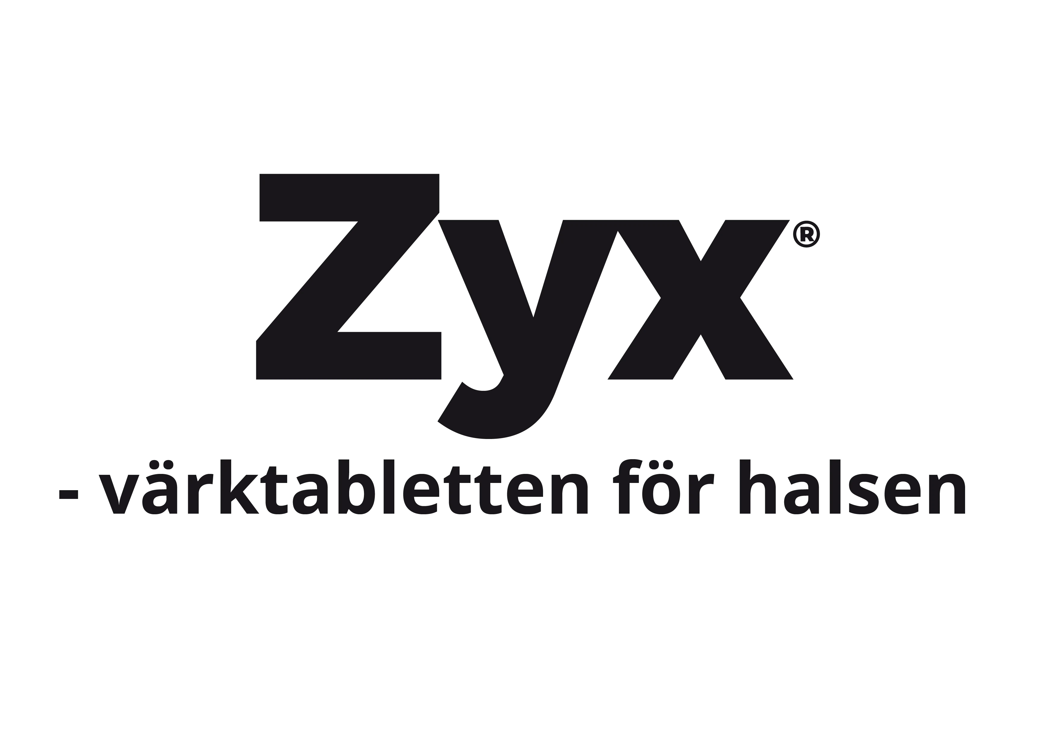 Logotyp för Zyx med feta svarta bokstäver med texten "värktabletten för halsen" placerad under.