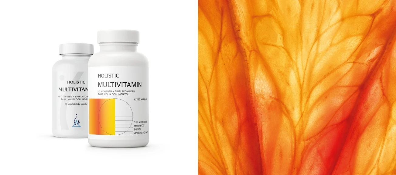 Till vänster i bilder är det två burkar från varumärket Holistic. Till höger i bilden är det en bild på höstlöv.