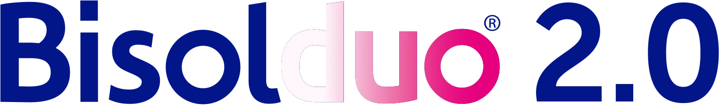 Logotyp för Bisolduo 2.0 med både mörkblå och rosa bokstäver.