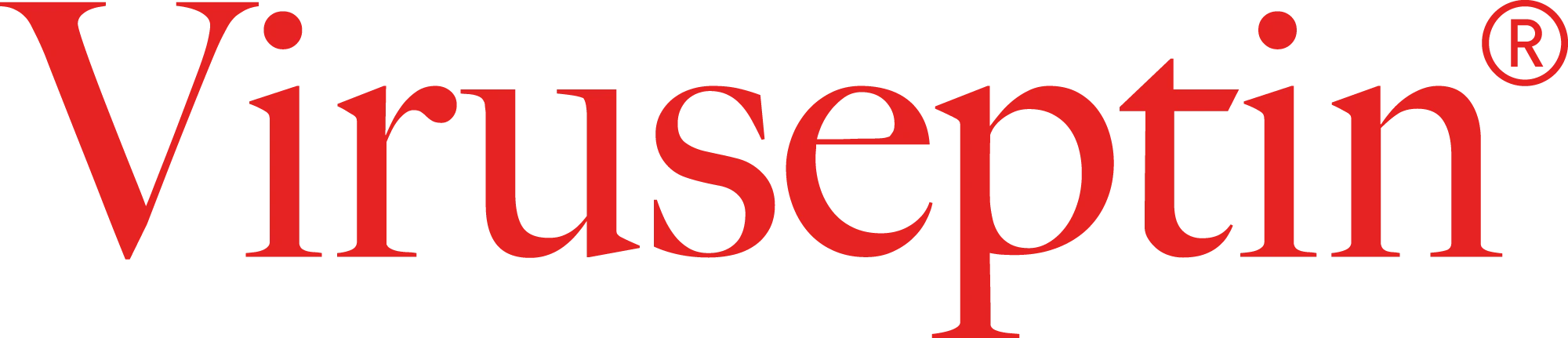 Logotyp för Viruseptin med röda bokstäver.