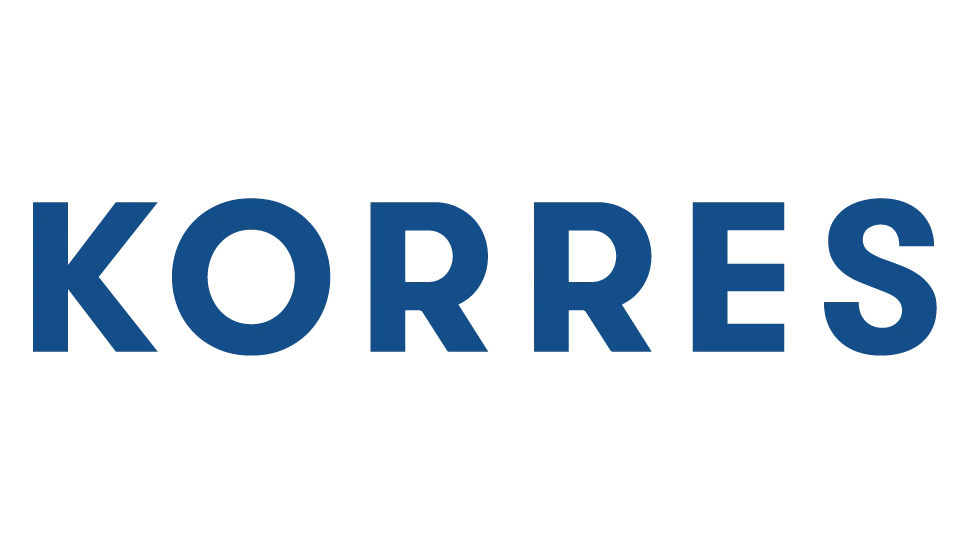 Logotyp med stora versaler för Korres med en mörkblå färg och en tydlig typografi.