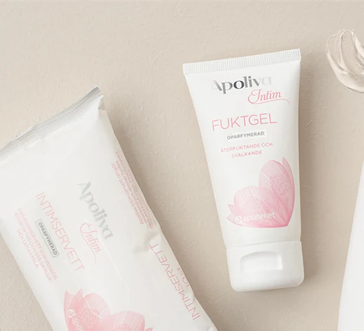 Apoliva Intim: tvål, fuktgel och intimservetter på beige bakgrund.