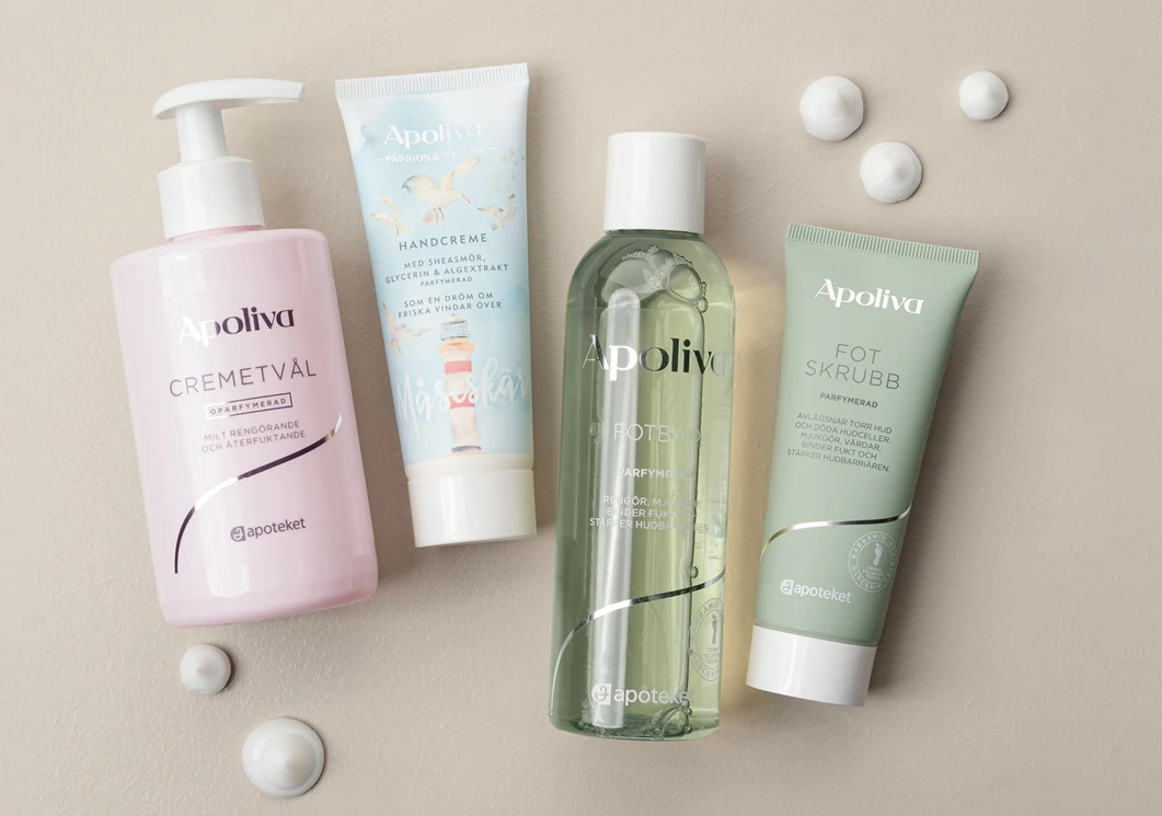 Apoliva hand- och fotvård: cremetvål, handkräm, fotbad och fotskrubb.