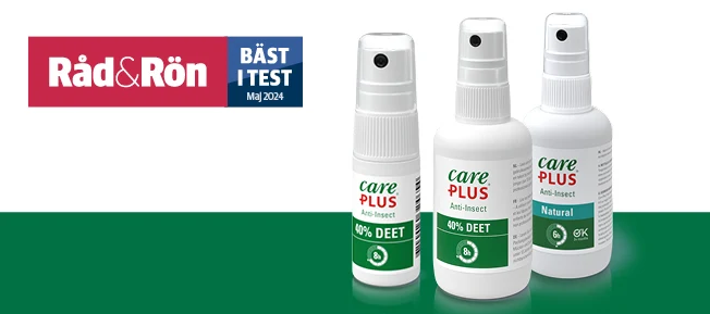 Tre olika sprayer placerade bredvid varandra med på en grön och vit bakgrund. I vänstra översta hörnet finns märket "Råd & rön" BÄST I TEST.
