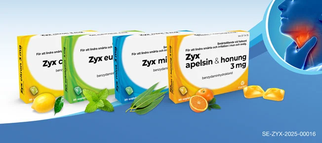 Fyra förpackningar av Zyx halstabletter i olika smaker (citron, eukalyptus, mint och apelsin & honung) står uppradade, med ingredienserna illustrerade framför varje förpackning. I högra hörnet syns en person med ont i halsen.