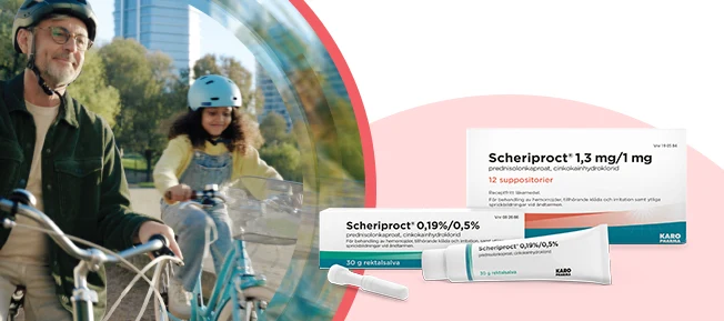 Produkter från Scheriproct placerade bredvid varandra. Till vänster i bild syns en flicka och en man som cyklar.