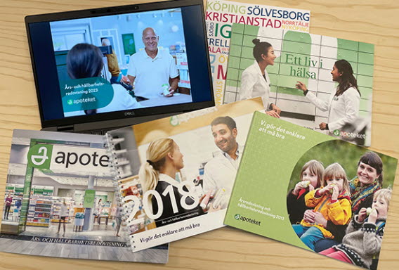 Ett urval av Apotekets redovisningar, varav de senaste endast är digitala.