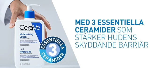 En bild på Cerave Moisturizing Lotion samt texten "Med 3 essentiella ceramider som stärker hudens skyddande barriär.